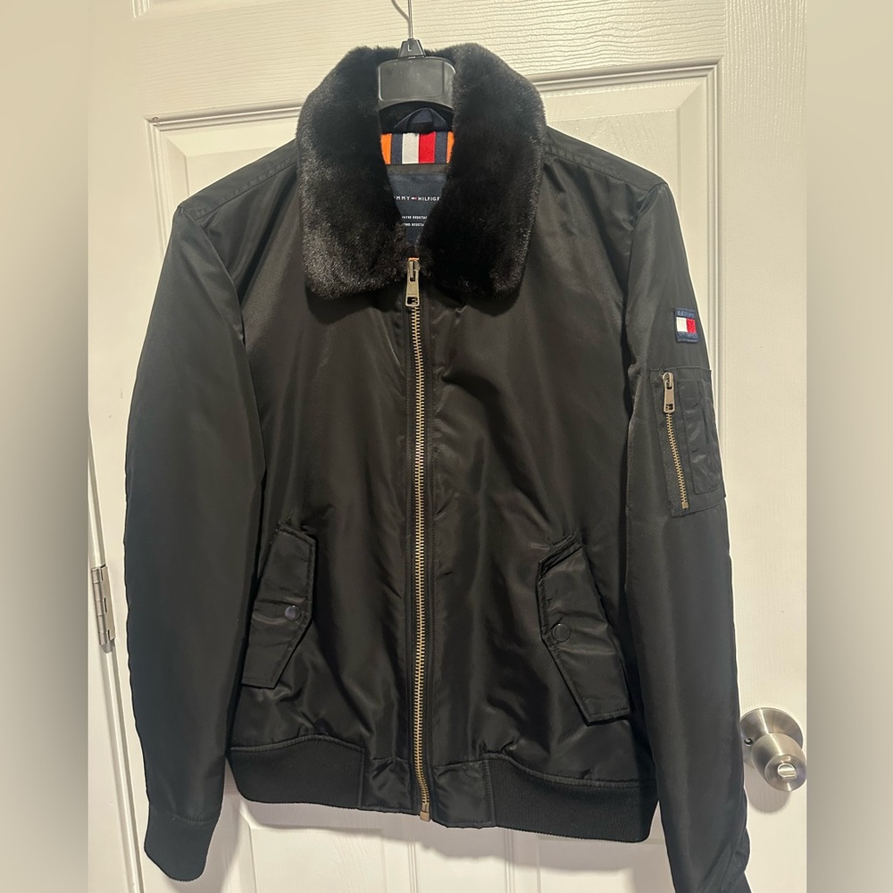 Tommy Hilfiger Black Bomber Jacket with Faux Fur Collar